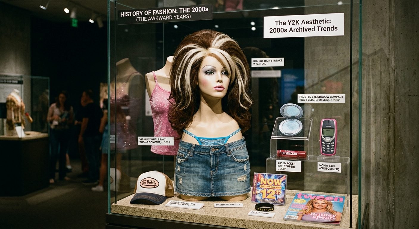 Humorous editorial photograph of a museum display case containing outdated 2000s items, chunky hair streaks, frosted makeup compact