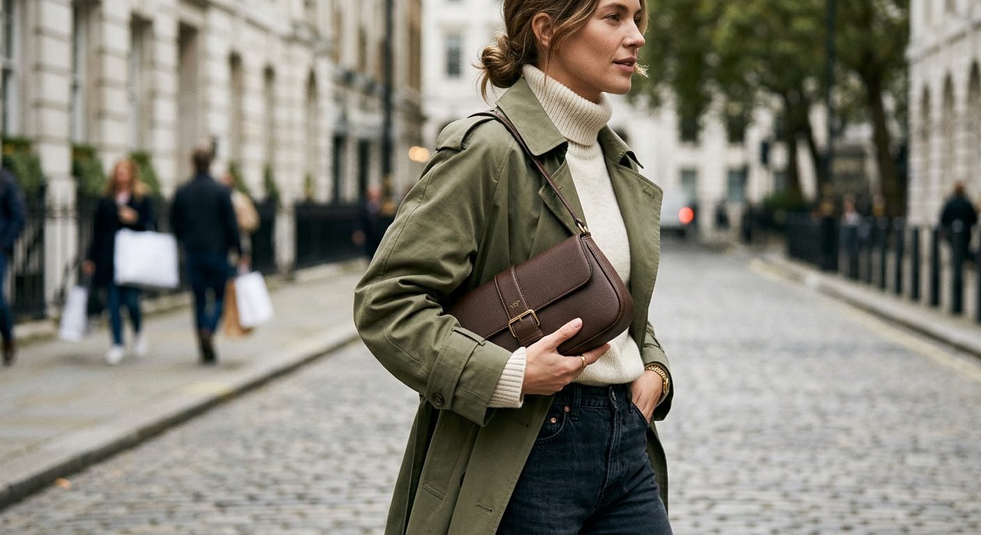 Editorial photograph of a woman with leather baguette bag under arm, the iconic silhouette returned in quality leather