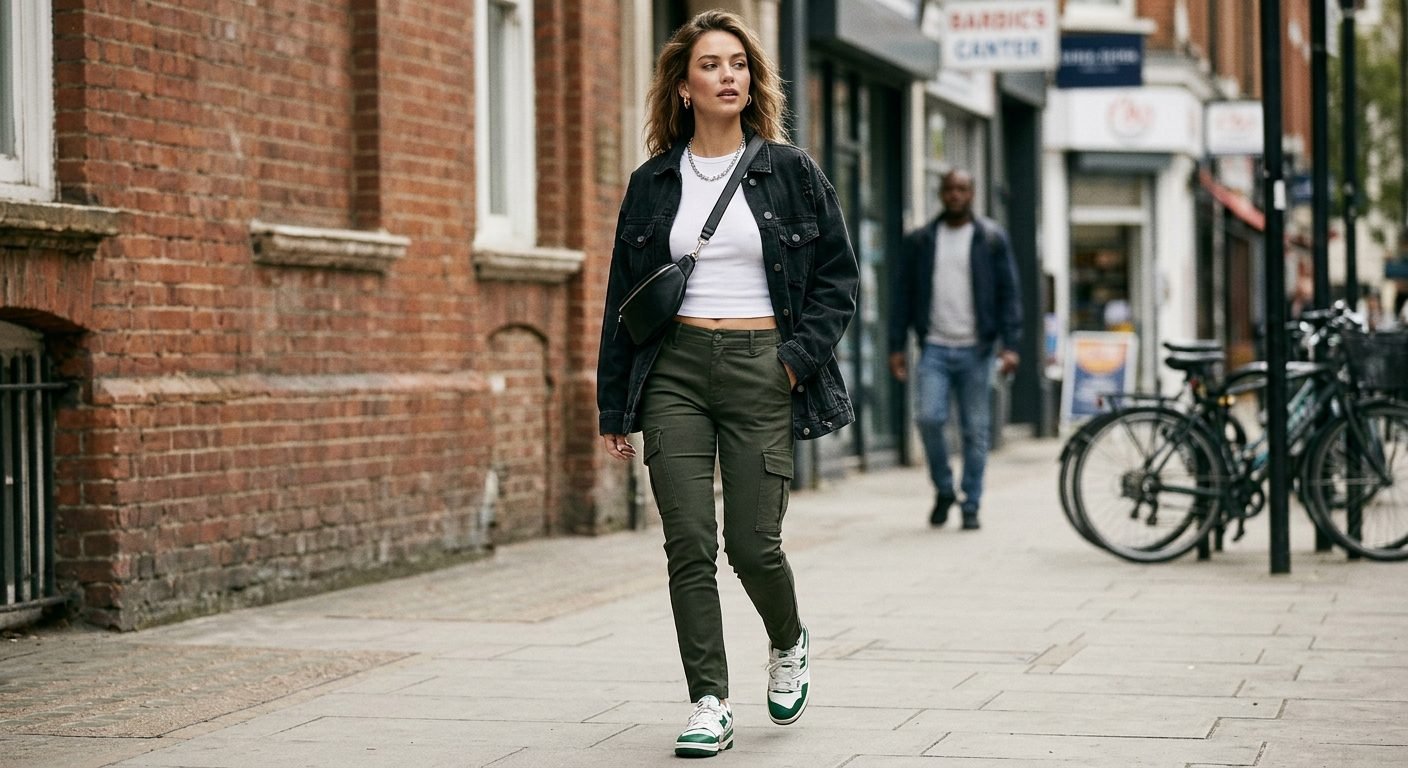 Fashion editorial photograph of a woman in tailored cargo pants with fitted baby tee, slim modern cut with pockets