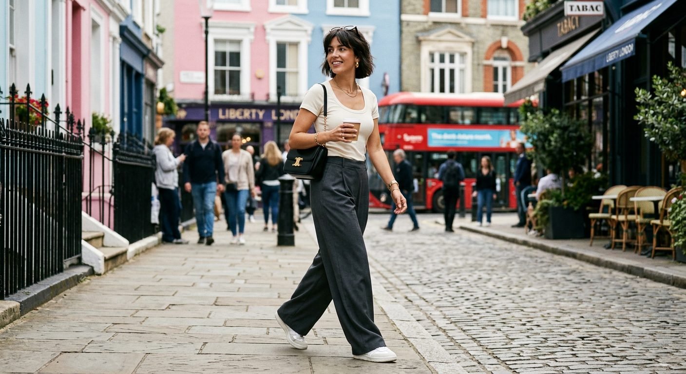Fashion editorial photograph of a woman in ribbed baby tee with wide-leg trousers and shoulder bag