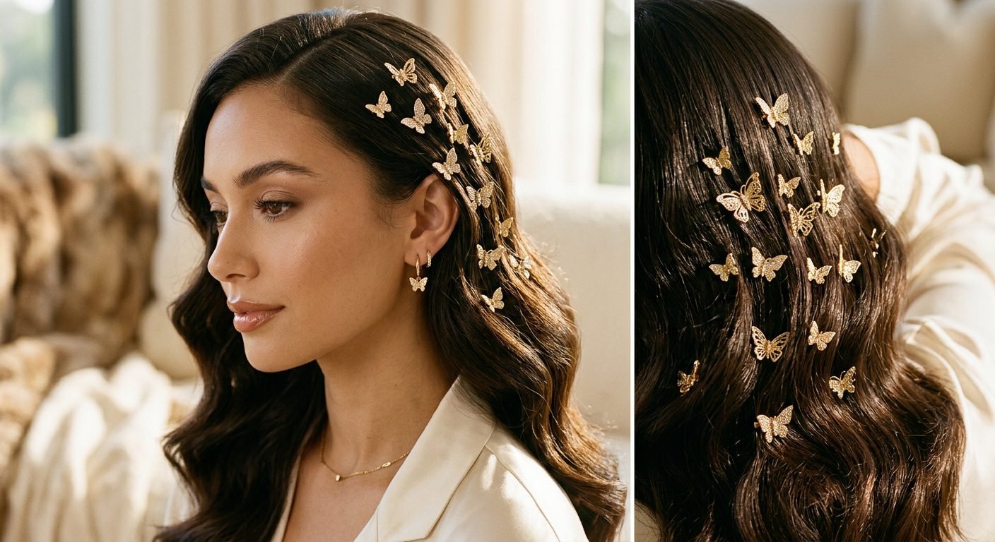 Detail beauty photograph of gold mini butterfly clips scattered through sleek waves, the jewelry-ification of the 2000s clip